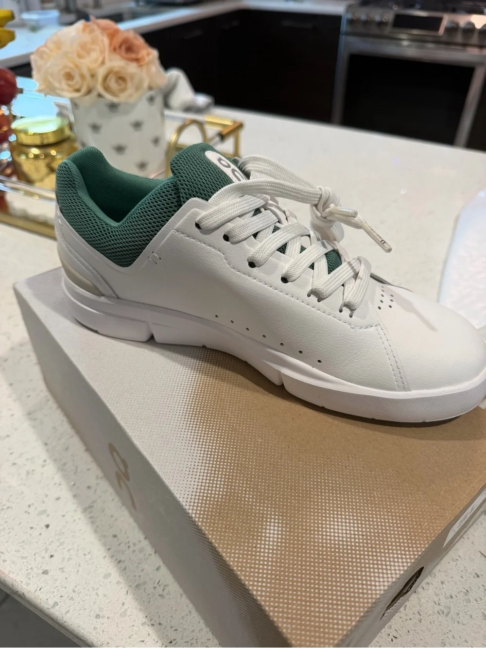On Running White Leather Sneakers with Green Mesh Collar